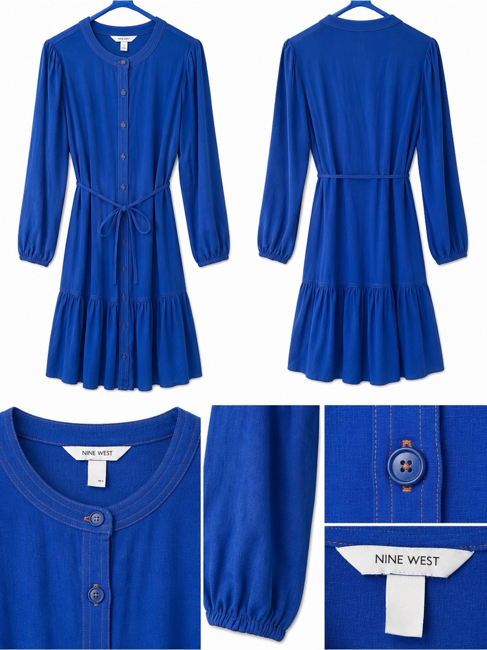 Nine West Cobalt Blue Button-Front Tie-Waist Dress